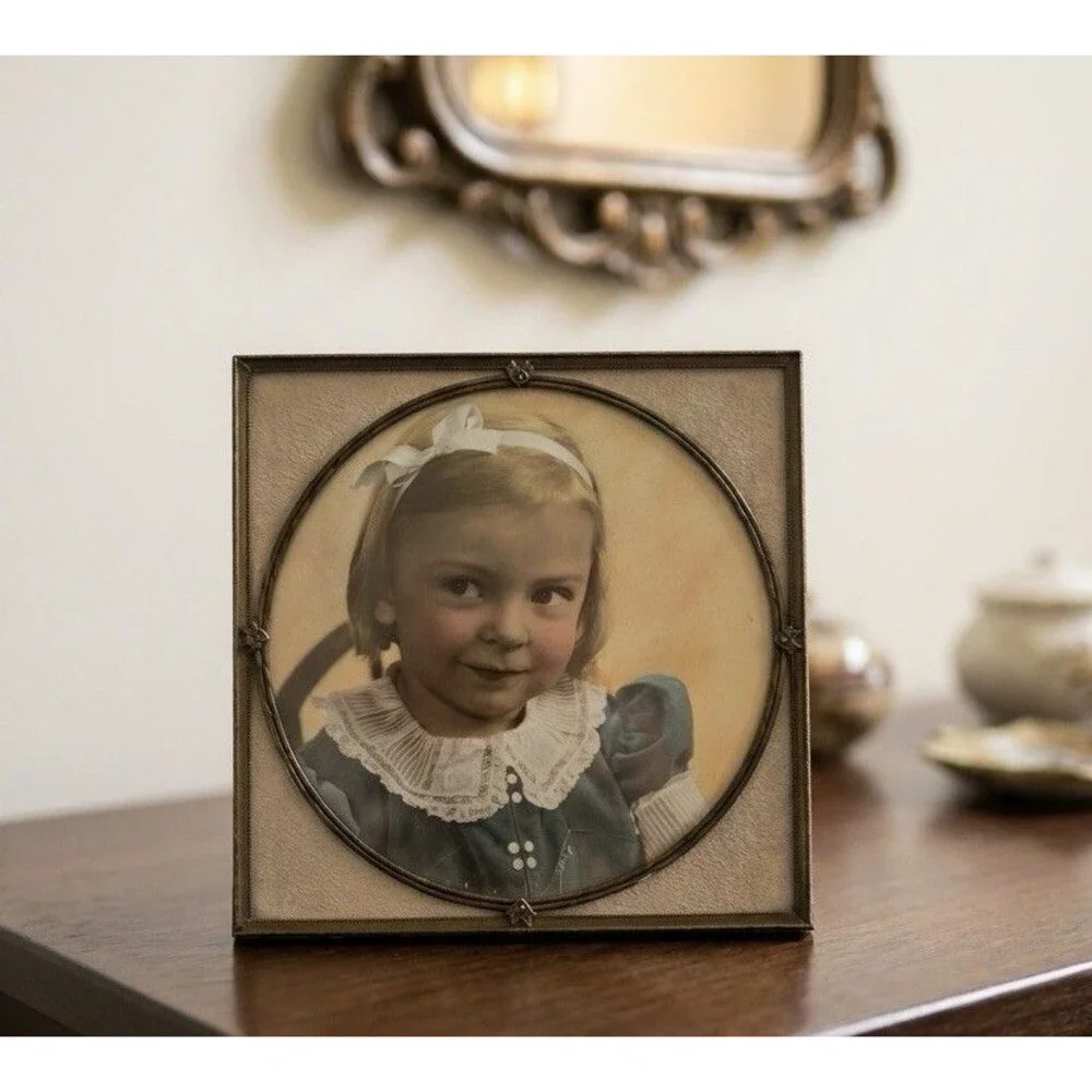Antique Brass Picture Frame Art Deco Pretty LittleGirl Original Photo Felt Back